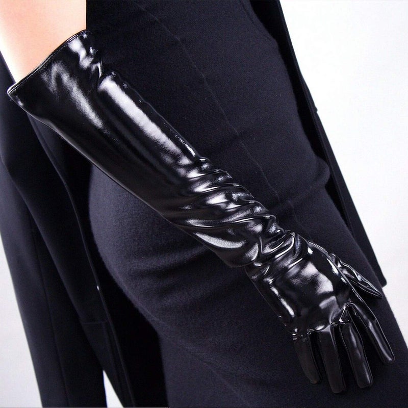 DooWay Black Long Latex Gloves Faux Patent PU Wet Look 20-inches Opera Party Evening Gloves - Image 4